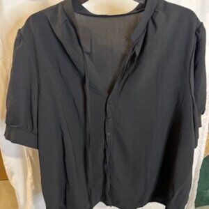 Black Button-Front Blouse with Tie Neck – Size XL